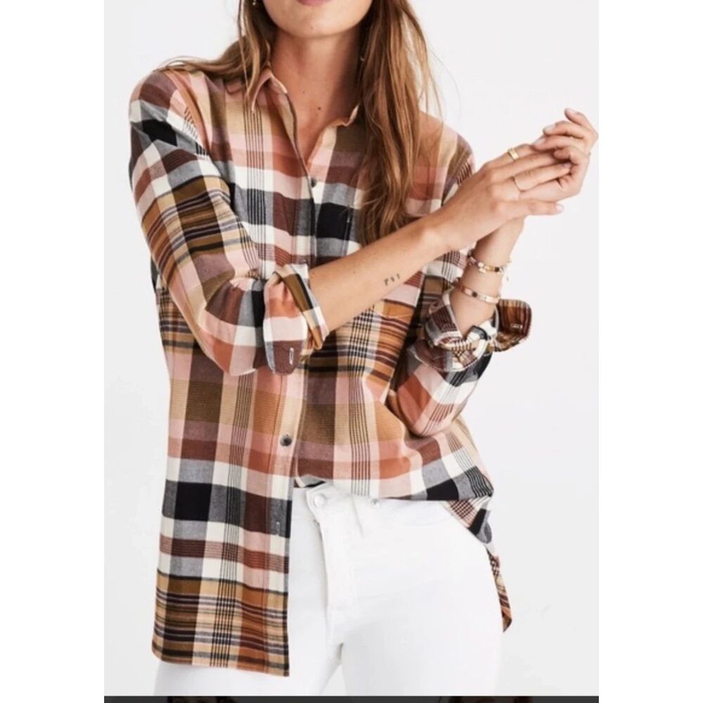 Madewell Flannel Oversized Ex-Boyfriend Shirt Brown Pink Plaid Womens Small